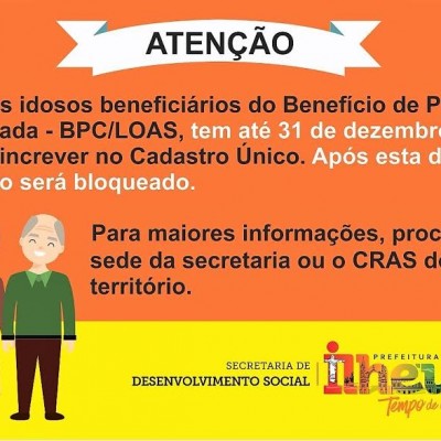 Em Ilhéus, integrantes do Benefício de Prestação Continuada devem se inscrever no CadÚnico