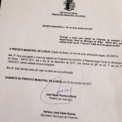 Ilhéus prorroga o Refis 2017 até 20 de dezembro